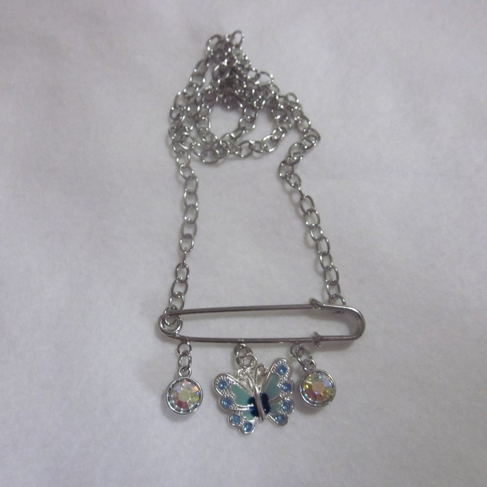 Blue Butterfly Safety Pin Necklace.